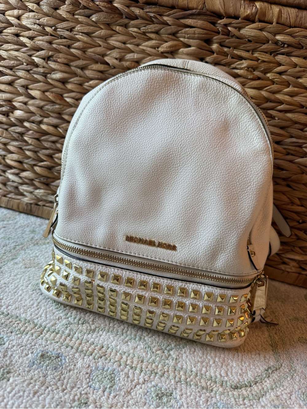 MICHAEL KORS White Leather Backpack with Gold Studs